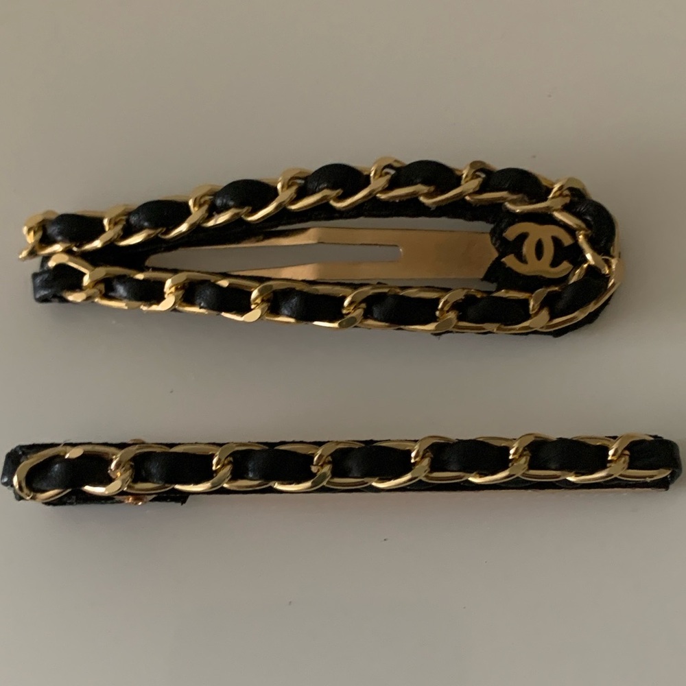 CHANEL Black and Gold Chain Hair Clips